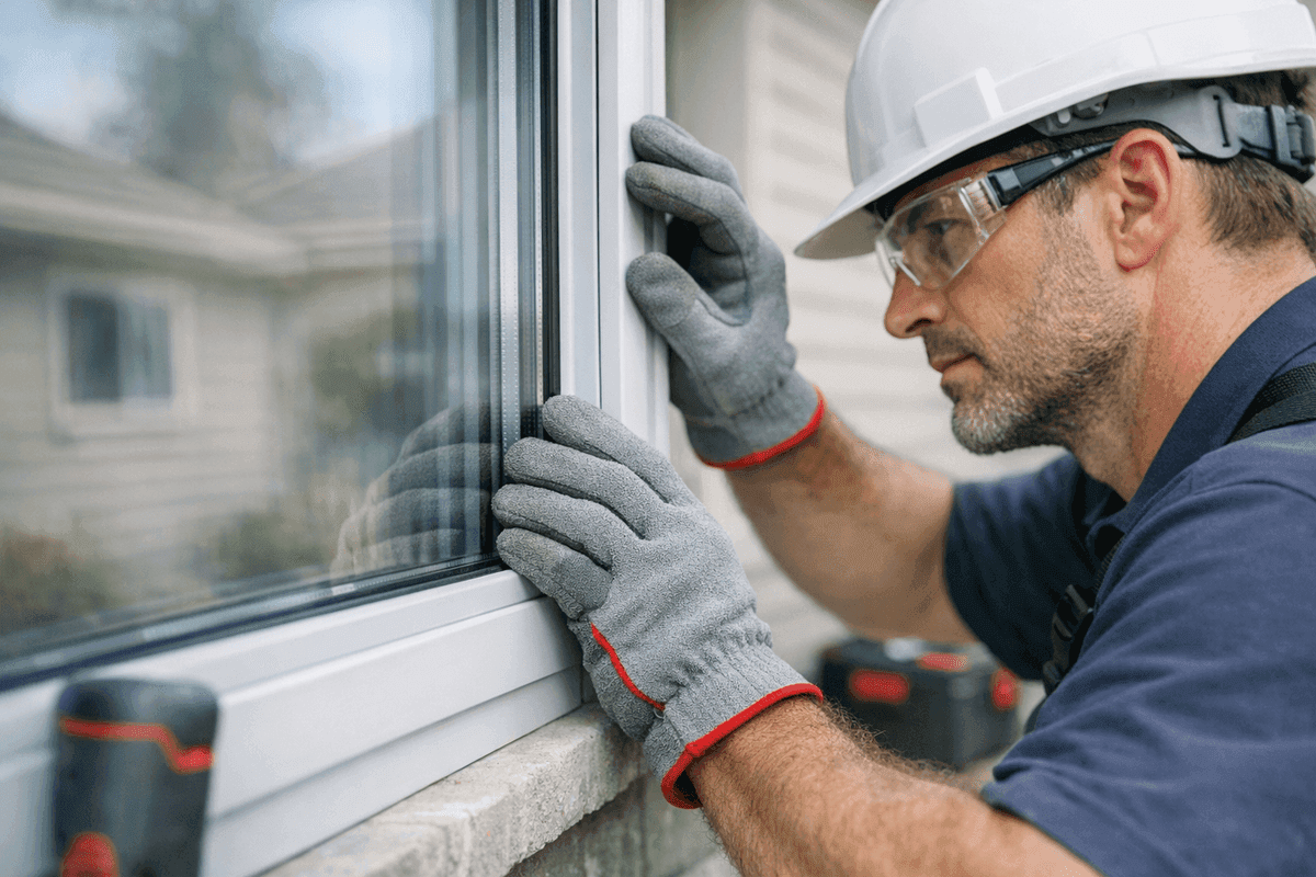 Close-up of a worker fitting a modern window frame wearing safety gloves and goggles